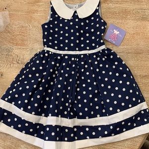 Navy and white polkadot girls dress